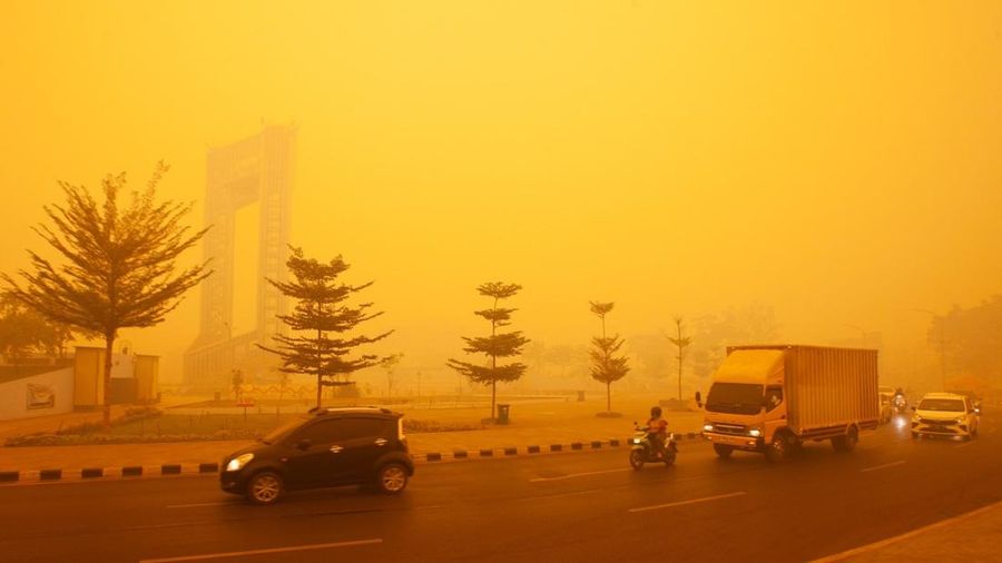 Suasana saat kabut kebakaran hutan menyelimuti kawasan di Palangka Raya, provinsi Kalimantan Tengah, Rabu (14/10/2026). (AFP/REINA)