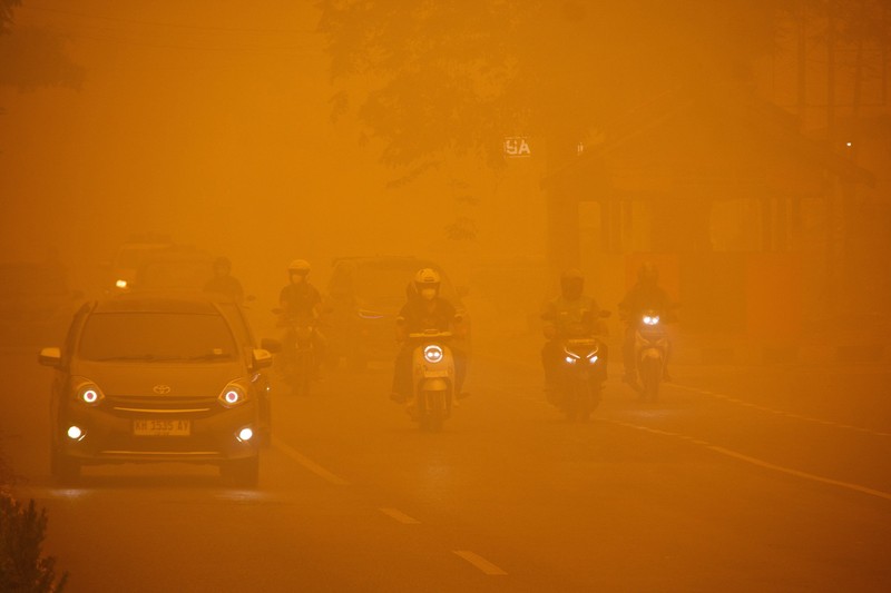 Suasana saat kabut kebakaran hutan menyelimuti kawasan di Palangka Raya, provinsi Kalimantan Tengah, Rabu (14/10/2026). (REUTERS/Arief Rahman Septian Prathama)