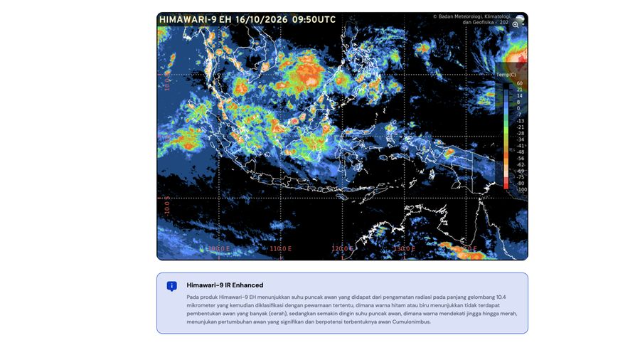 Citra Himawari-9 penampakan hari Jumat (16/10/2026), dikutip pukul 17.02 WIB. (Dok. BMKG)