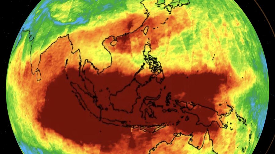 Citra satelit NASA menunjukkan karbon monoksida menyebar di seluruh wilayah Indonesia pada periode 13-15 Oktober 2026.  (Dok. NASA)