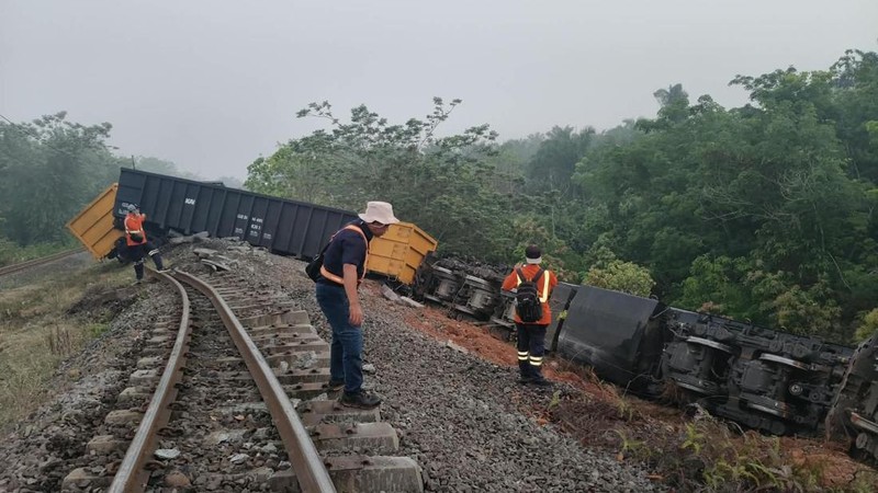 Dua kereta batu bara adu banteng yakni KA 4045 relasi Stasiun Tanjung Enim Baru menuju Tarahan dan KA 4136 relasi Stasiun Tarahan menuju Stasiun Tanjung Enim Baru di Kabupaten Ogan Komering Ulu (OKU), Sumatera Selatan. (Dok. Istimewa)