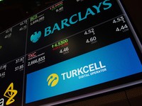 The only Turkey based company listed on the exchange, Turkcell, is the leading mobile phone operator in Turkey, it's symbol is displayed at the closing bell of the Dow Industrial Average at the New York Stock Exchange on August 16, 2018 in New York.