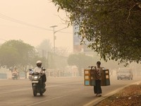 Kabut asap akibat kebakaran hutan menyelimuti Palangka Raya, Kalimatan Tengah, Minggu (18/10/2026). (REUTERS/Arief Rahman Septian Prathama)