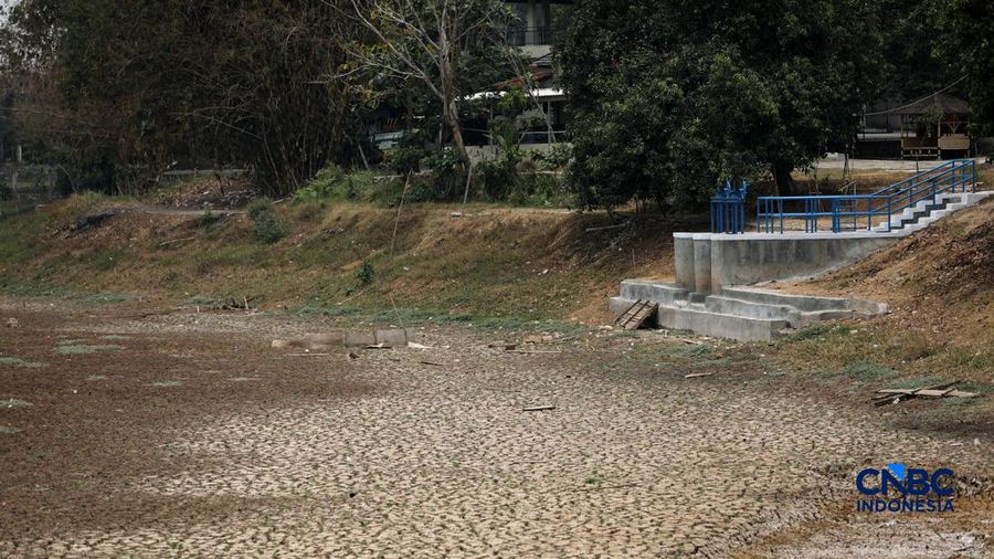 Situ Rawa Bedeng, Kecamatan Bojongmangu, Kabupaten Bekasi, Jawa Barat, Senin (19/10/2026). Situ seluas sekitar delapan hektare yang selama ini menjadi tumpuan kebutuhan air warga dan pertanian itu mengering setelah enam bulan dilanda kemarau. (CNBC I