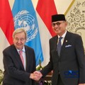 Sekretaris Jenderal Perserikatan Bangsa-Bangsa (Sekjen PBB) Antnio Guterres dan Menteri Luar Negeri Arrmanatha Christiawan Nasir saat menghadiri Foreign Policy Circle Talks, "Eight Decades of the United Nations: What's Next?" di Gedung Pancasila Keme