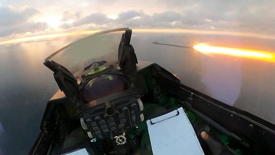 A view from the cockpit of a Romanian F-16 fighter jet during a mission to intercept and neutralize two drones that entered Romanian airspace without authorization on October 17, in this handout image provided by the Borcea 86th Air Base and released