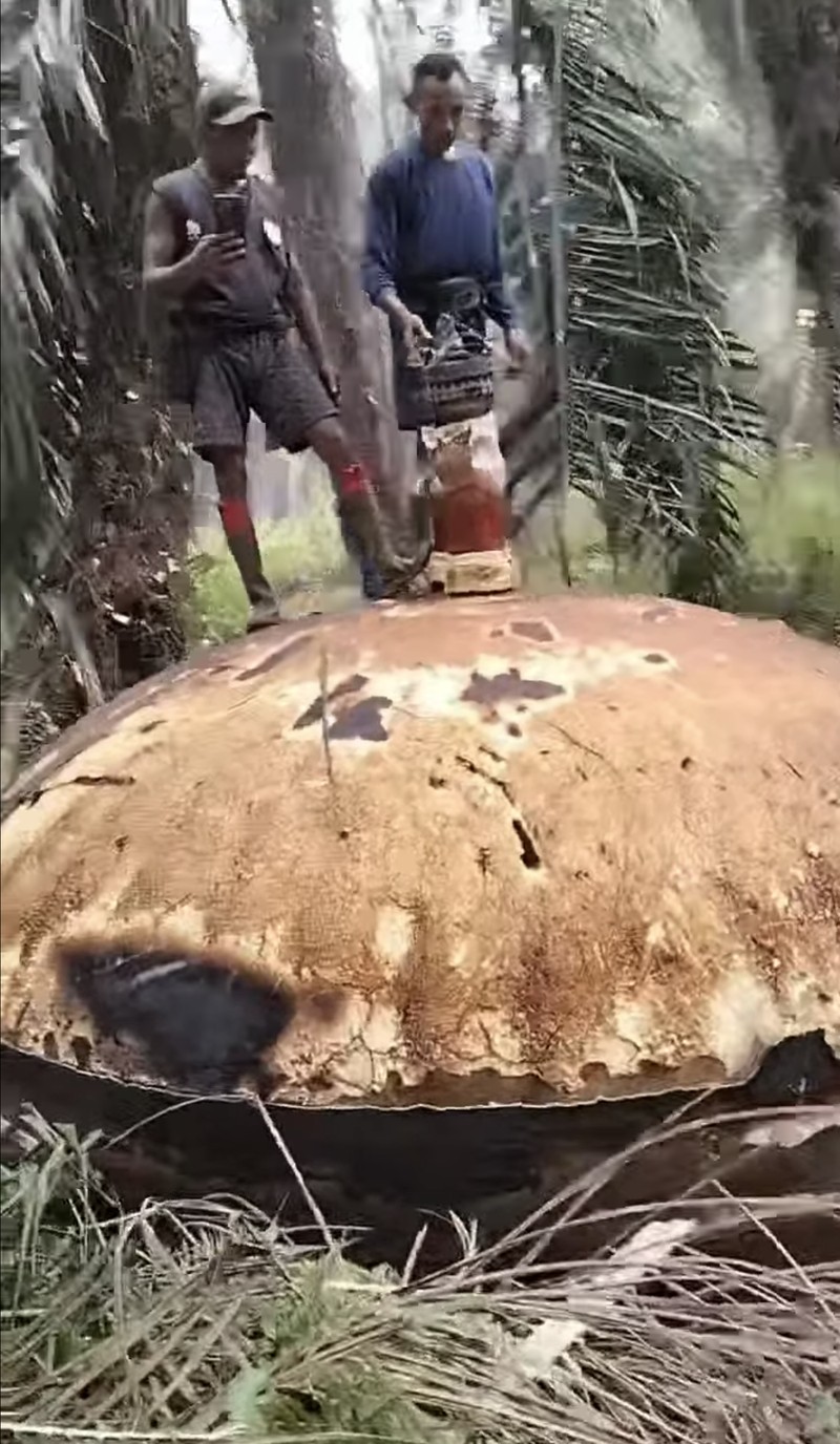 This picture taken on October 19, 2026 shows Indonesian police officers inspecting a large charred metallic fragment, suspected to be rocket debris, at an oil palm plantation in East Kotawaringin Regency, in Indonesia's Central Kalimantan province. Indonesian authorities were investigating October 20 after a piece of rocket the size of a car crashed into an oil palm plantation on Indonesian Borneo. (Photo by AHMAD SYIHAB / AFP)