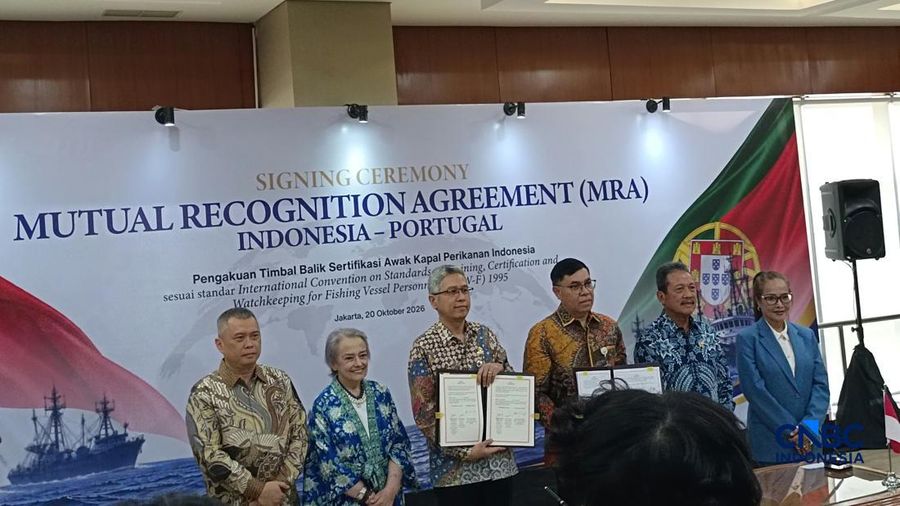 Penandatanganan Mutual Recognition Agreement (MRA) Indonesia-Portugal di Kantor Pusat KKP, Jakarta, Selasa (20/10/2026). (CNBC Indonesia/Martyasari Rizky)