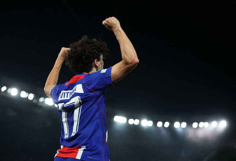 Soccer Football - UEFA Champions League - Paris St Germain v FC Barcelona - Parc des Princes, Paris, France - October 20, 2026  Paris St Germain's Desire Doue celebrates scoring their first goal REUTERS/Stephane Mahe