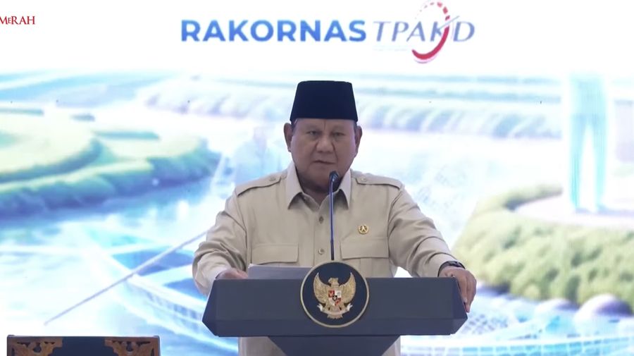 Presiden RI Prabowo Subianto memberi pidato dalam acara Rakornas TPAKD Tahun 2026, Jakarta, 22 Oktober 2026. (Tangkapan Layar Youtube/Sekretariat Presiden R)