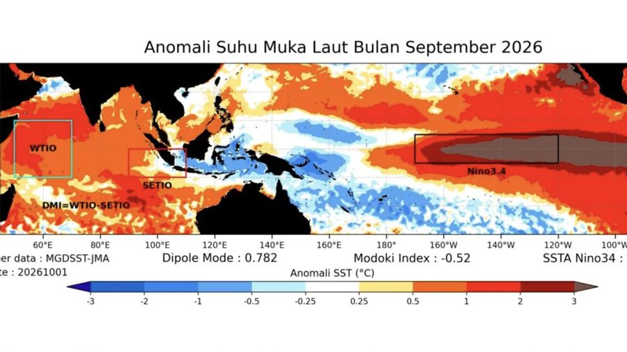 Anomali Suhu Muka Laut Bulan September, 2026. (sumber: Analisis Dinamika Atmosfer Dasarian II Oktober 2026 diliris BMKG 23 Oktober 2026)