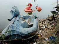 Setu Cilodong Menyusut, Sampah Mulai Bermunculan. (CNBC Indonesia/Tri Susilo)
