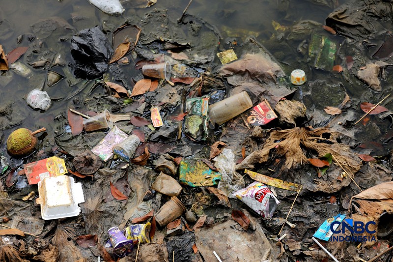 Setu Cilodong Menyusut, Sampah Mulai Bermunculan. (CNBC Indonesia/Tri Susilo)