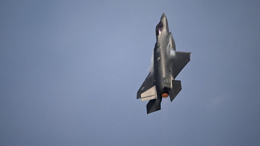 A Lockheed Martin F-35 Lightning II performs a display flight at Al-Maktoum International Airport during the Dubai Airshow 2025 in Dubai on November 17, 2025. (Photo by Giuseppe CACACE / AFP)