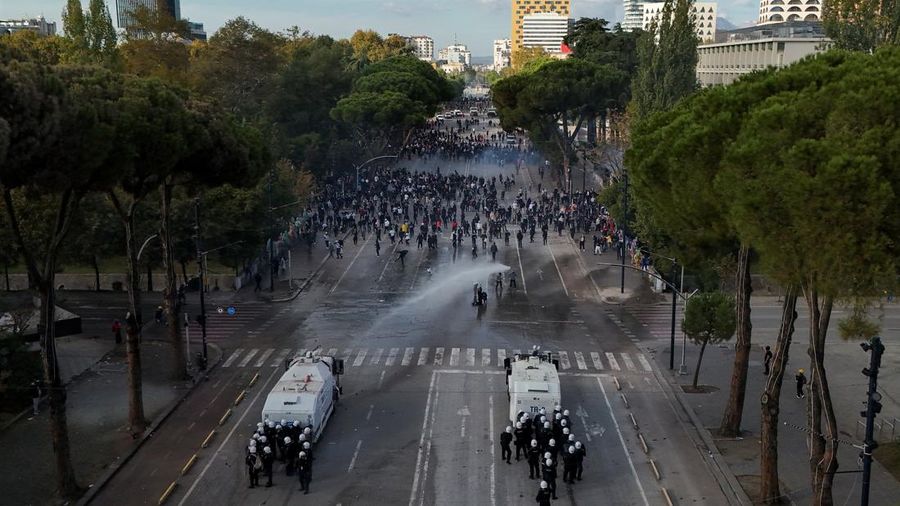 A drone view shows riot police officers deploying water cannons against demonstrators during an anti-government protest by students in Tirana, Albania, October 24, 2026. REUTERS/Fatos Bytyci