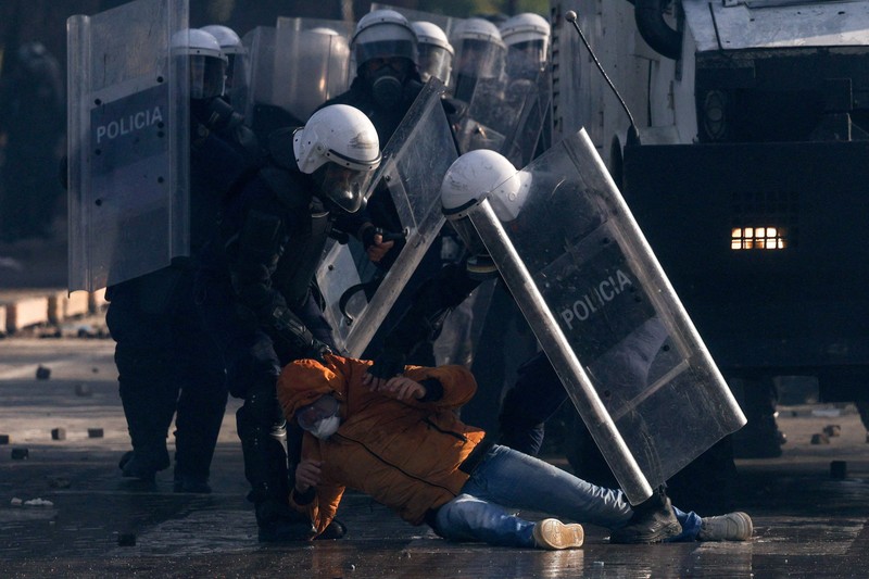 Protesters face the police during an authorised demonstration organised by a labour union in Marseille, France, October 24, 2026, as part of nationwide protests led by the