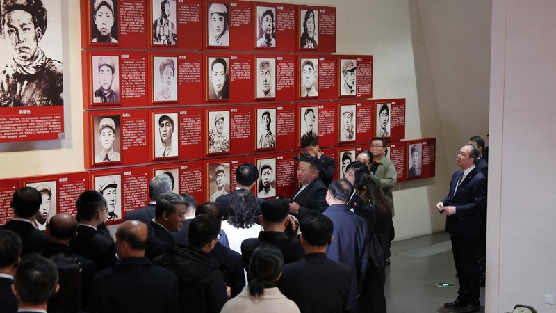 North Korean leader Kim Jong Un looks at an exhibition during a visit to the Memorial Hall of the War to Resist US Aggression and Aid Korea in Dandong, Liaoning province, China, October 24, 2026, in this photo released by North Korea's Korean Central