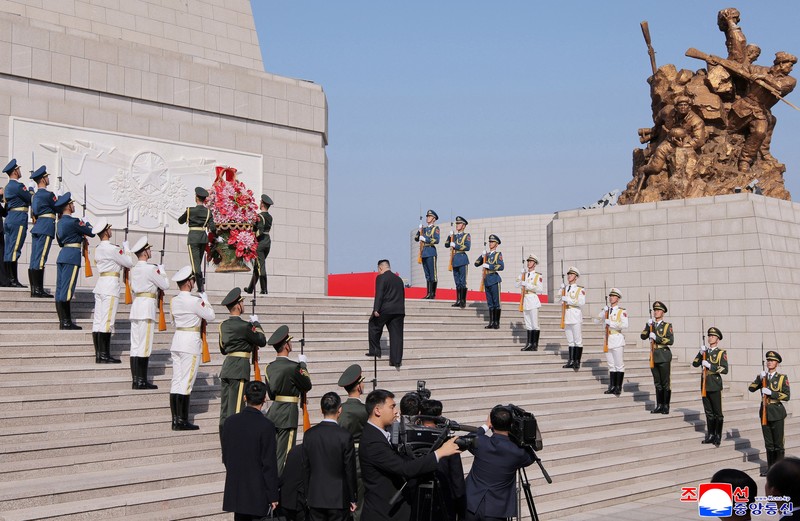 North Korean leader Kim Jong Un attends a wreath-laying ceremony during a visit to the Memorial Hall of the War to Resist US Aggression and Aid Korea in Dandong, Liaoning province, China, October 24, 2026, in this photo released by North Korea's Korean Central News Agency (KCNA). KCNA said Kim visited the Chinese border city on the occasion of the 76th anniversary of the Chinese People's Volunteers' entry into the Korean War. KCNA via REUTERS    ATTENTION EDITORS - THIS IMAGE WAS PROVIDED BY A THIRD PARTY. REUTERS IS UNABLE TO INDEPENDENTLY VERIFY THIS IMAGE. NO THIRD PARTY SALES. SOUTH KOREA OUT. NO COMMERCIAL OR EDITORIAL SALES IN SOUTH KOREA.