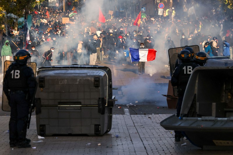 Protesters face the police during an authorised demonstration organised by a labour union in Marseille, France, October 24, 2026, as part of nationwide protests led by the