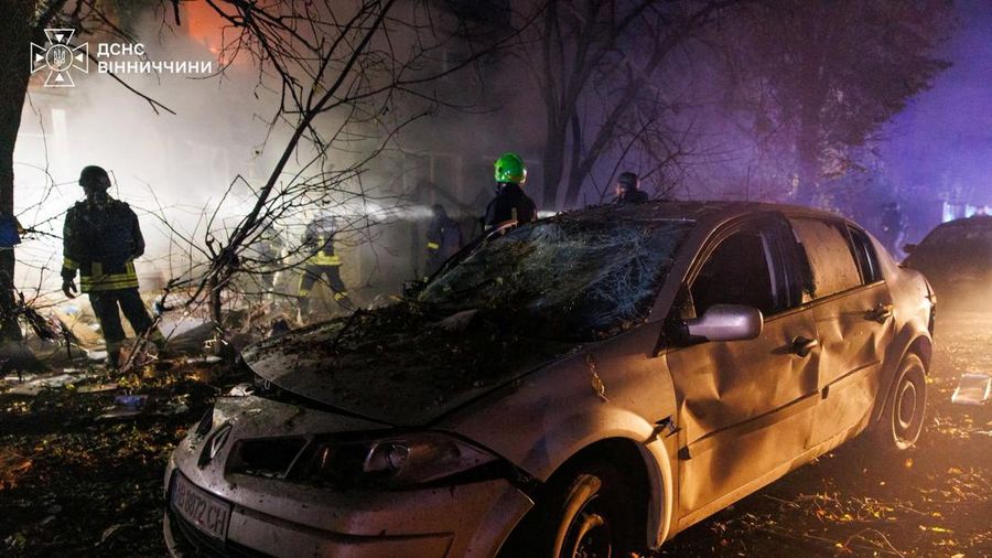 Firefighters work at the site of an apartment building damaged during Russian drone strikes, amid Russia's attack on Ukraine, in Vinnytsia, Ukraine October 25, 2026. Press service of the State Emergency Service of Ukraine in Vinnytsia region/Handout