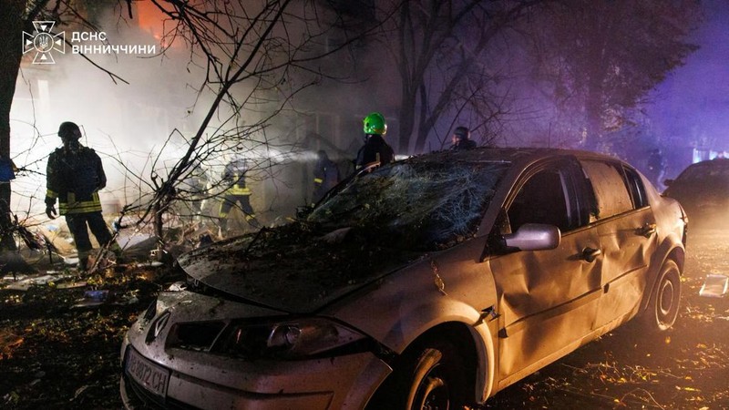 Firefighters work at the site of an apartment building damaged during Russian drone strikes, amid Russia's attack on Ukraine, in Vinnytsia, Ukraine October 25, 2026. Press service of the State Emergency Service of Ukraine in Vinnytsia region/Handout