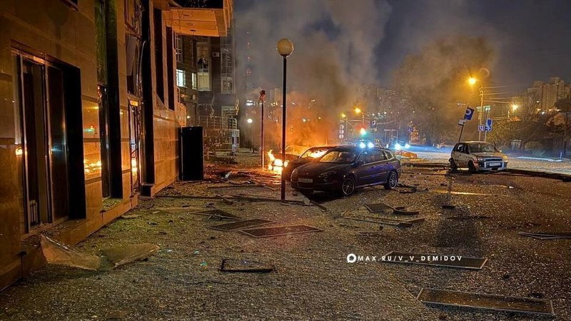 Damaged cars outside a residential multi-storey building hit by what local authorities described as a Ukrainian overnight drone strike, amid the Russia-Ukraine conflict, in the city of Belgorod, Russia, in this image released October 25, 2026. Mayor
