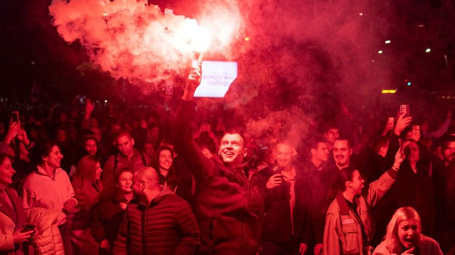 Supporters of the electoral list "Student List - Students Win" celebrate after Aleksandar Vucic, Serbian Progressive Party (SNS) prime ministerial candidate, conceded defeat in the parliamentary election in Belgrade, Serbia, October 25, 2026. REUTERS