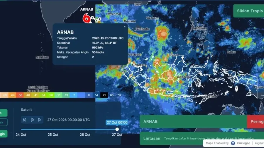 Badan Meteorologi, Klimatologi, dan Geofisika (BMKG) mengonfirmasi adanya perkembangan sistem siklonik 98B di Laut Andaman sejak 19 Oktober 2026 dengan sirkulasi lemah, Jakarta (27/10/2026). (Dok. BMKG)