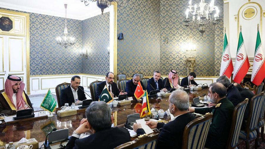 Iranian President Masoud Pezeshkian meets with chief of Defence Forces of Pakistan, Field Marshal Asim Munir, Saudi Arabia's Defence Minister Prince Khalid bin Salman and Turkish intelligence chief, Ibrahim Kalin in Tehran, Iran, October 26, 2026. Ir