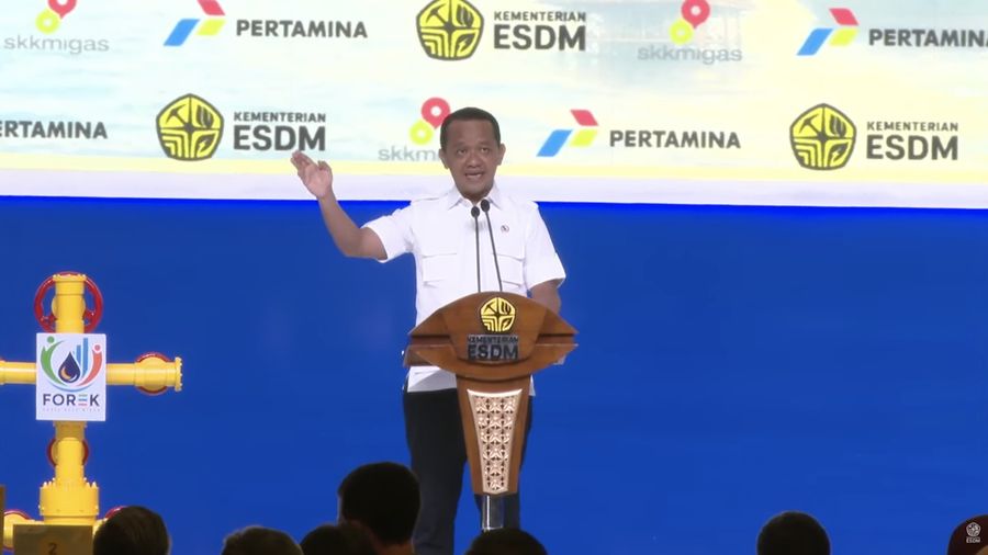 Menko Hilirisasi dan Transisi Energi sekaligus Menteri ESDM Bahlil Lahadalia saat menyampaikan sambutan dalam FOREK HULU MIGAS 2026 di Jakarta, Rabu (28/10/2026). (Tangkapan Layar Youtube/KementerianESDM)