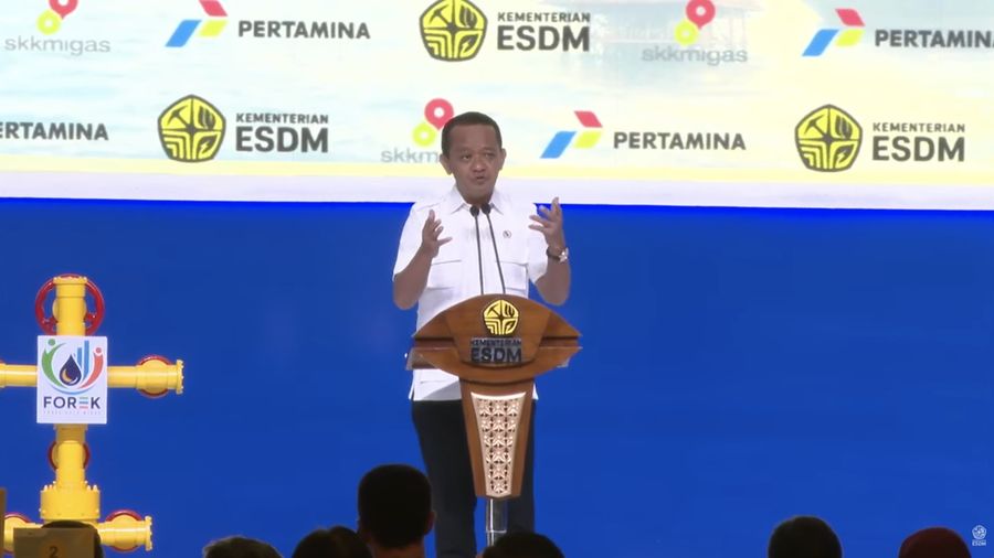 Menko Hilirisasi dan Transisi Energi sekaligus Menteri ESDM Bahlil Lahadalia saat menyampaikan sambutan dalam FOREK HULU MIGAS 2026 di Jakarta, Rabu (28/10/2026). (Tangkapan Layar Youtube/KementerianESDM)