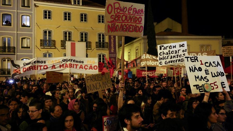 Portuguese unions and housing activists protest outside the parliament building as the parliament decides the 2027 budget, in Lisbon, Portugal, October 27, 2026. REUTERS/Rodrigo Antunes