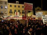 Portuguese unions and housing activists protest outside the parliament building as the parliament decides the 2027 budget, in Lisbon, Portugal, October 27, 2026. REUTERS/Rodrigo Antunes