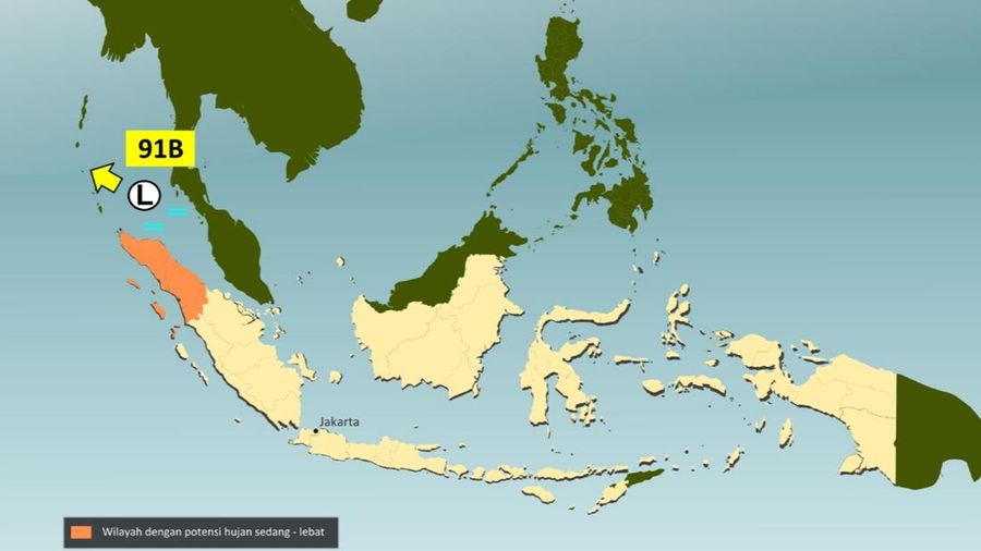 BMKG keluarkan peringatan efek Bibit Siklon Tropis 91B terhadap cuaca di Aceh dan Sumatra Utara, Kamis (29/10/2026). (Tangkapan layar @BMKG)