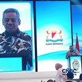Menteri Keuangan (Menkeu), Suahasil Nazara saat menyampaikan pemaparan dalam Rapimnas Kadin Indonesia di Jakarta, Jumat (30/10/2026). (CNBC Indonesia/Robertus Andrianto Serin)